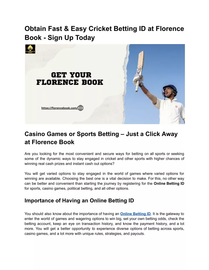 obtain fast easy cricket betting id at florence