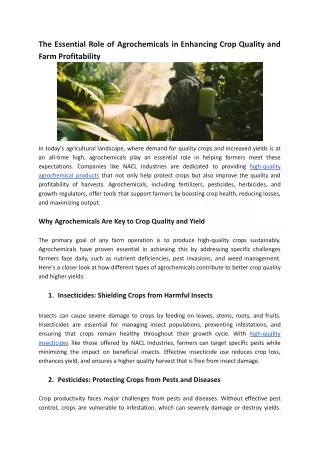 The Essential Role of Agrochemicals in Enhancing Crop Quality and Farm Profitability