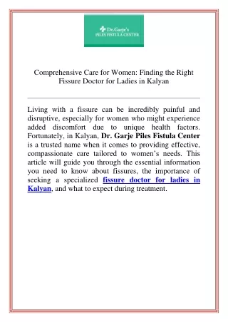 Comprehensive Care for Women Finding the Right Fissure Doctor for Ladies in Kalyan