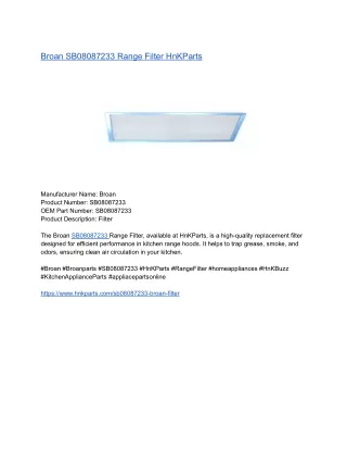 Broan SB08087233 Range Filter HnKParts