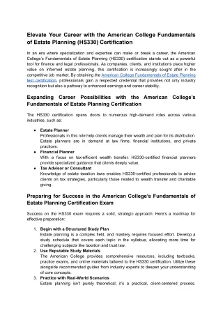 American College Fundamentals of Estate Planning (HS330) Certification