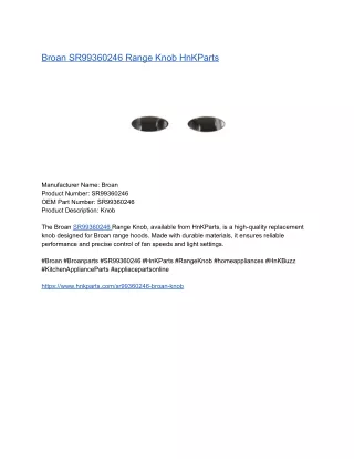Broan SR99360246 Range Knob HnKParts