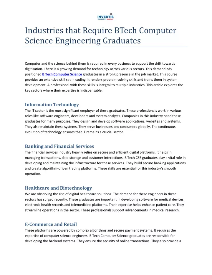 industries that require btech computer science