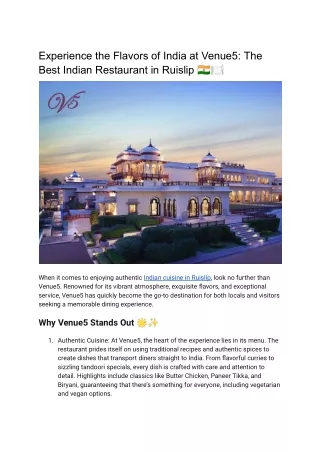Experience the Flavors of India at Venue5: The Best Indian Restaurant in Ruislip