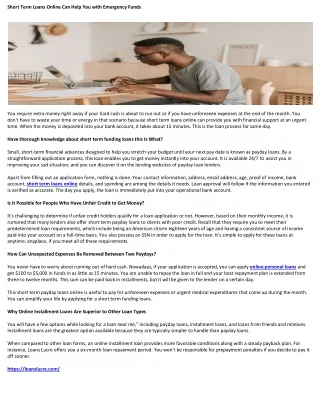 Short Term Loans Online Can Help You with Emergency Funds