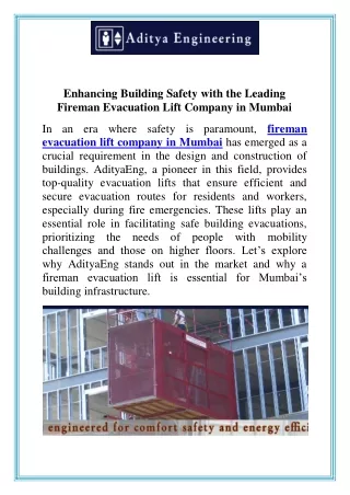 Enhancing Building Safety with the Leading Fireman Evacuation Lift Company in Mumbai