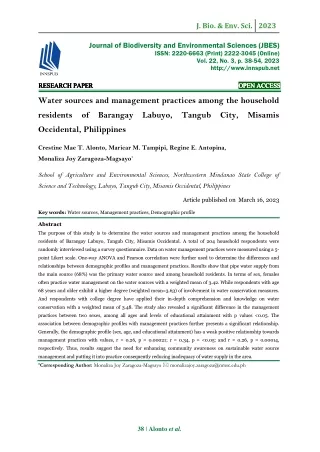 Water sources and management practices among the household residents of Barangay