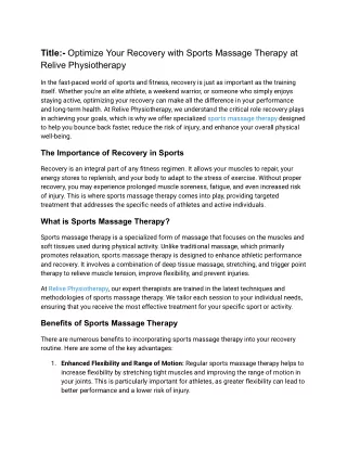 Optimize Your Recovery with Sports Massage Therapy at Relive Physiotherapy