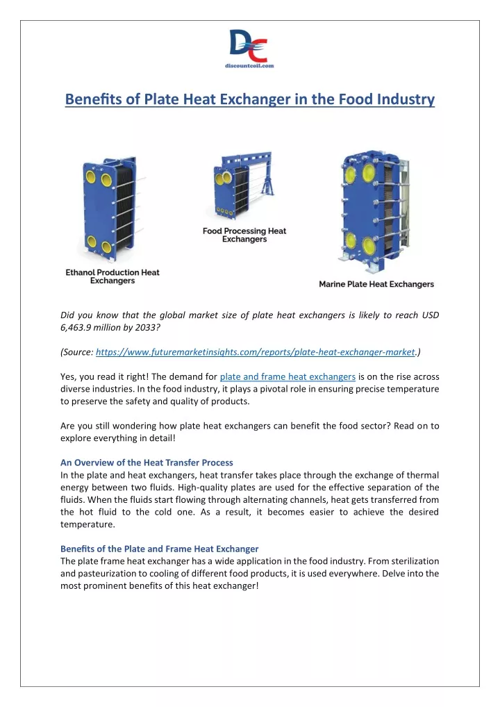 benefits of plate heat exchanger in the food