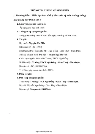 Giáo dục học sinh ý thức bảo vệ môi trường thông qua giảng dạy Địa lí lớp 6
