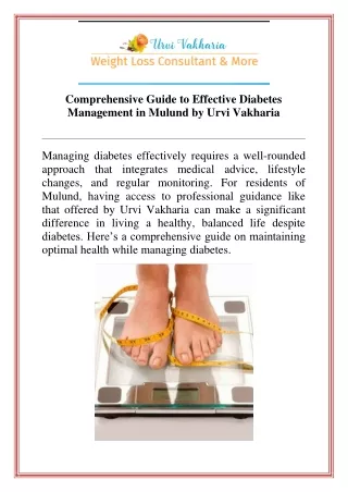 Comprehensive Guide to Effective Diabetes Management in Mulund by Urvi Vakharia