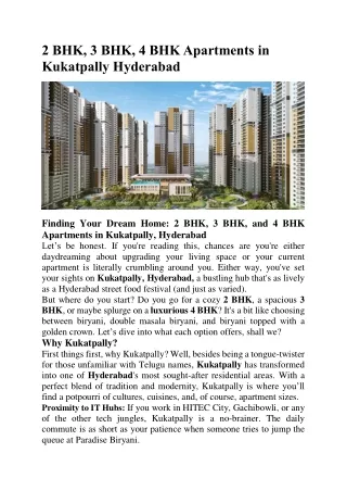2 BHK, 3 BHK, 4 BHK Apartments in Kukatpally Hyderabad