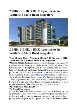 2 BHK, 3 BHK, 4 BHK Apartments in Whitefield Main Road Bangalore