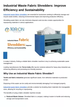 Industrial Waste Fabric Shredders Improve Efficiency and Sustainability