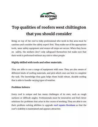 Top qualities of roofers west chiltington that you should consider